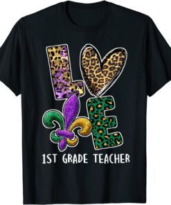 I Love Mardi Gras 1st Grade Teacher Plaid Leopard Tee Shirt