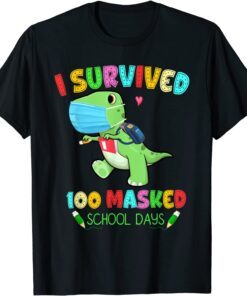 I Survived 100 Masked School Days Dinosaur Face Mask Teacher Tee Shirt