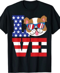 Love Bulldog Sunglasses 4th Of July USA Meica Dog Tee Shirt