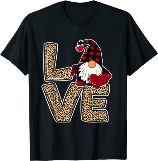 Love Gnomies Happy Valentines Day Leopard Red Buffalo Plaid T-Shirt