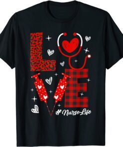 Love Nurselife Valentine Nurse Leopard Print Plaid Heart Tee Shirt