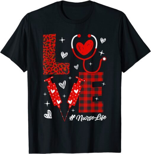 Love Nurselife Valentine Nurse Leopard Print Plaid Heart Tee Shirt