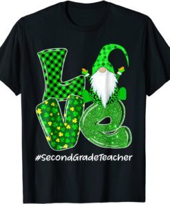 Love Second Grade Gnome St Patrick’s Day Green Plaid Teacher Tee Shirt