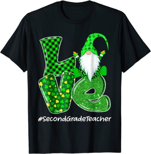 Love Second Grade Gnome St Patrick’s Day Green Plaid Teacher Tee Shirt