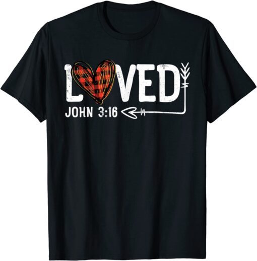 Loved John 3:16 Red Plaid Heart Christian Valentines Day Tee Shirt