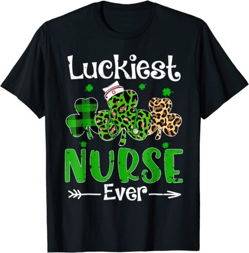 Luckiest Nurse Ever Nursing St Patricks Day Shamrock Leopard Tee Shirt