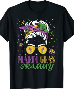 Mardi Gras Grammy Messy Bun Hair Glasses New Orleans Tee Shirt