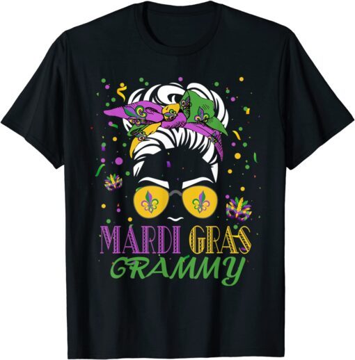 Mardi Gras Grammy Messy Bun Hair Glasses New Orleans Tee Shirt