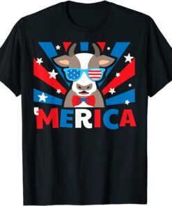 Merica Cow Sunglasses 4th Of July American Flag Cowboy Tee Shirt