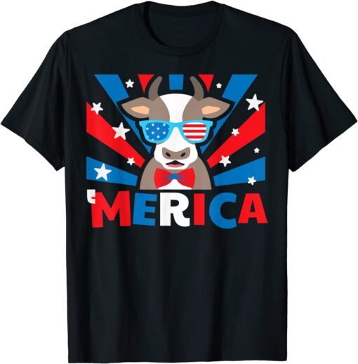 Merica Cow Sunglasses 4th Of July American Flag Cowboy Tee Shirt