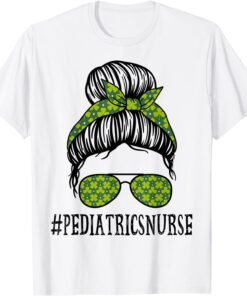 Pediatrics Nurse Women Messy Bun St Patrick's Day Shamrock Classic Shirt