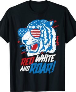 Red White And Roar Tiger 4th Of July USA American Flag Tee Shirt