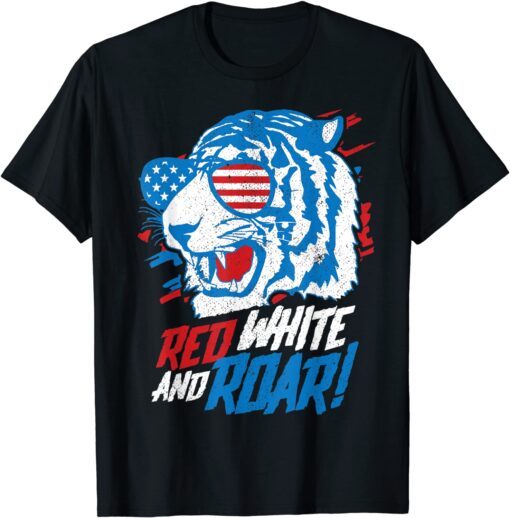 Red White And Roar Tiger 4th Of July USA American Flag Tee Shirt