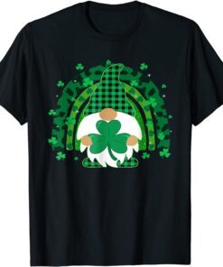 St Patricks Day Gnome Holding Lucky Shamrock Leopard Rainbow Tee Shirt