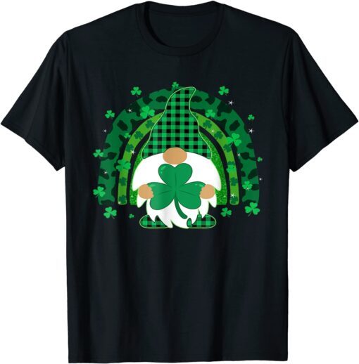 St Patricks Day Gnome Holding Lucky Shamrock Leopard Rainbow Tee Shirt