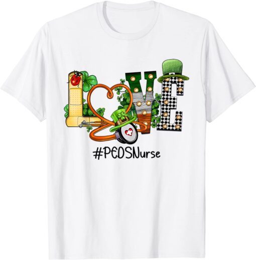 St Patricks Day PEDS Nurse shamrock Irish LOVE Stethoscope Tee Shirt