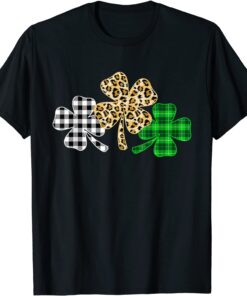 Three Clover Shamrock Green Leopard Plaid St. Patrick's Day Tee Shirt