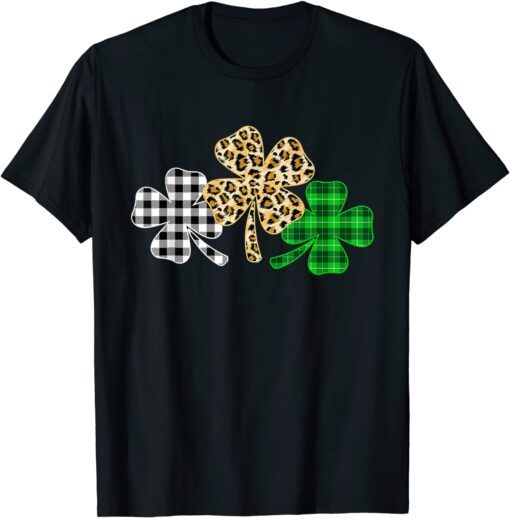 Three Clover Shamrock Green Leopard Plaid St. Patrick's Day Tee Shirt