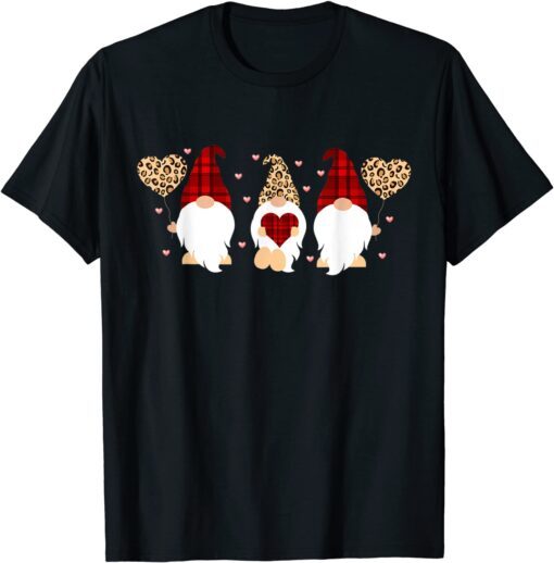 Valentine Gnomes Holding Heart Leopard Plaid Valentines Day Tee Shirt