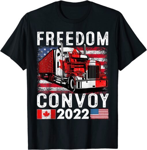 American Flag Canada Flag Freedom Convoy 2022 TRUCKER Driver Tee Shirt