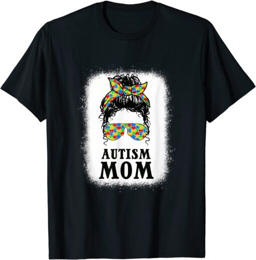 Autism Mom Curly Messy Bun Autism Awareness Mom Black Women Tee Shirt