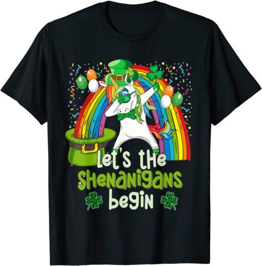 Let's Shenanigans Begin Dabbing Unicorn St Patrick Day Classic Shirt