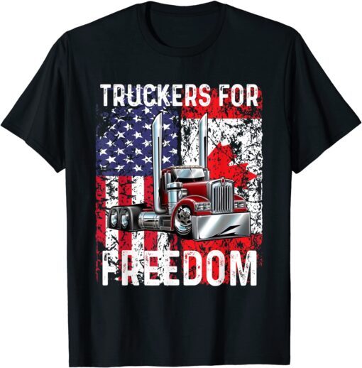 Trucker For Freedom Convoy 2022 American Canadian Flag Tee Shirt