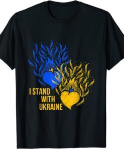 Ukraine Supporter Flag Color Blue Yellow Fire Hearts Tee Shirt