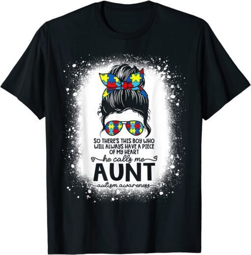 Autism Awareness Aunt Boy Piece Of My Heart Auntie Bleached T-Shirt