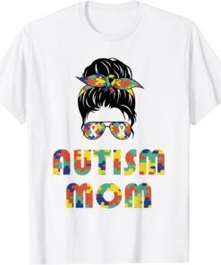 Autism Awareness Mom Messy Bun Puzzle Mother’s Day Tee Shirt