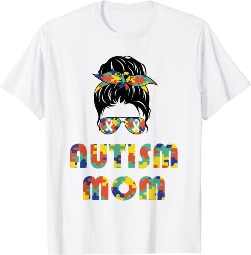 Autism Awareness Mom Messy Bun Puzzle Mother’s Day Tee Shirt