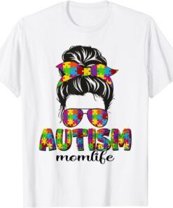 Autism Mom Messy Bun Puzzle Sunglasses Bandana Mother’s Day Tee Shirt