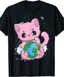 Black Cat Earth Day Globe Anime Neko Kitten Tee Shirt