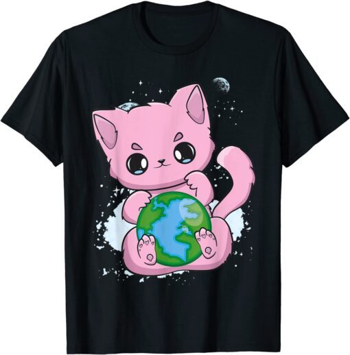 Black Cat Earth Day Globe Anime Neko Kitten Tee Shirt