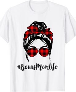 Bonus Mom Life Messy Bun Hair Leopard red plaid Mother's Day Tee Shirt