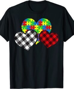 Buffalo Plaid Heart Puzzle Piece Autism Awareness Cute Tee Shirt