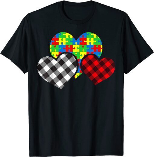 Buffalo Plaid Heart Puzzle Piece Autism Awareness Cute Tee Shirt