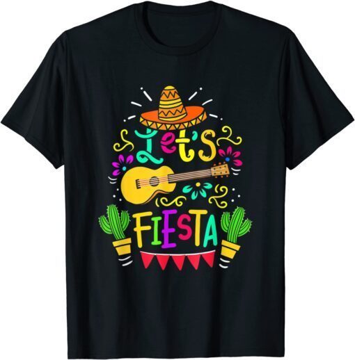 Cinco De Mayo Mexican Guitar Cactus Lets Fiesta Party Tee Shirt