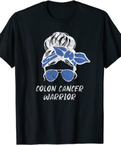 Colon Cancer Awareness Month Messy Bun Mother Blue Ribbon Tee Shirt