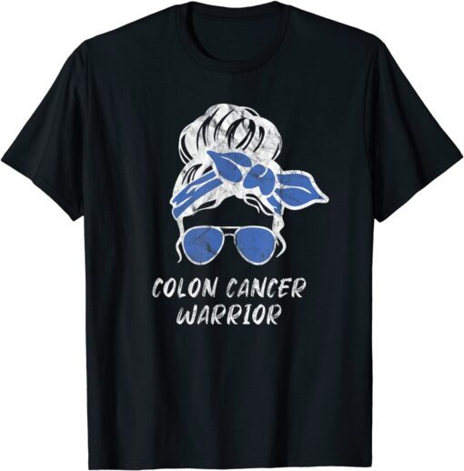 Colon Cancer Awareness Month Messy Bun Mother Blue Ribbon Tee Shirt