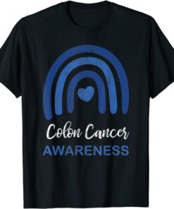 Colon Cancer Awareness Month Retro Rainbow Blue Ribbon Tee Shirt