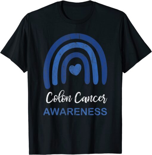 Colon Cancer Awareness Month Retro Rainbow Blue Ribbon Tee Shirt