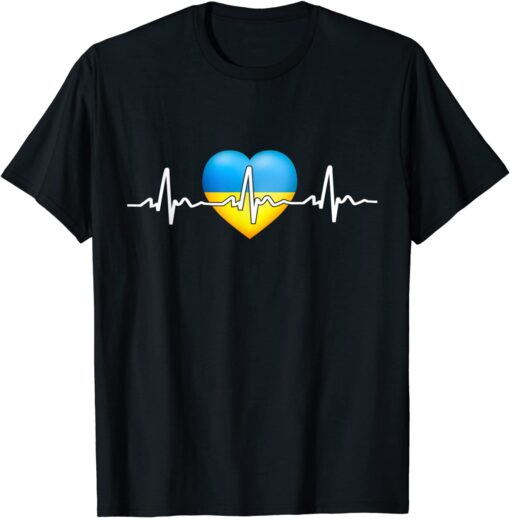 I Stand With Ukraine Heartbeat Ukrainian Flag with Heart T-Shirt