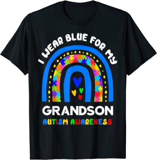 I Wear Blue For My Grandson Autism Awareness Rainbow Puzzle T-Shirt