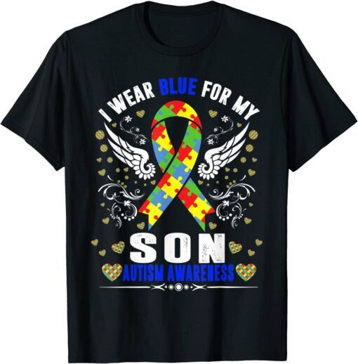 I Wear Blue For My Son Autism Awareness Day Boho Rainbow Tee Shirt