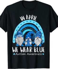 In April We Wear Blue Autism Awareness Puzzle Rainbow Gnome Tee Shirt