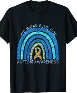 In April We Wear Blue Autism Awareness Rainbow Puzzle Love Tee Shirt