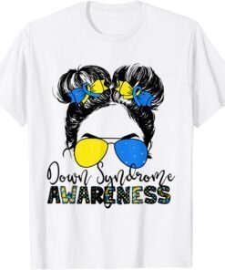 Messy Bun Hair Women Down Syndrome Awareness Day Ribbon Tee Shirt