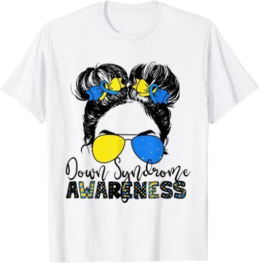 Messy Bun Hair Women Down Syndrome Awareness Day Ribbon Tee Shirt