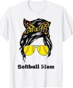 Messy Bun Softball Mom Leopard Print Bleached Distressed Tee Shirt